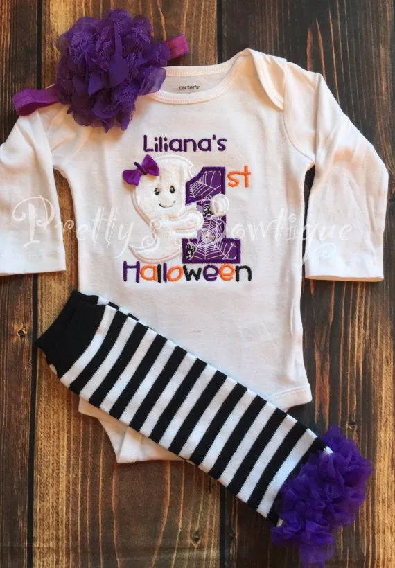 1st Halloween Baby Girl Ghost 5-Piece Outfit for Newborn to Youth XL with Shirt or Bodysuit, Leg Warmers. Tutu, Bloomers and Headband