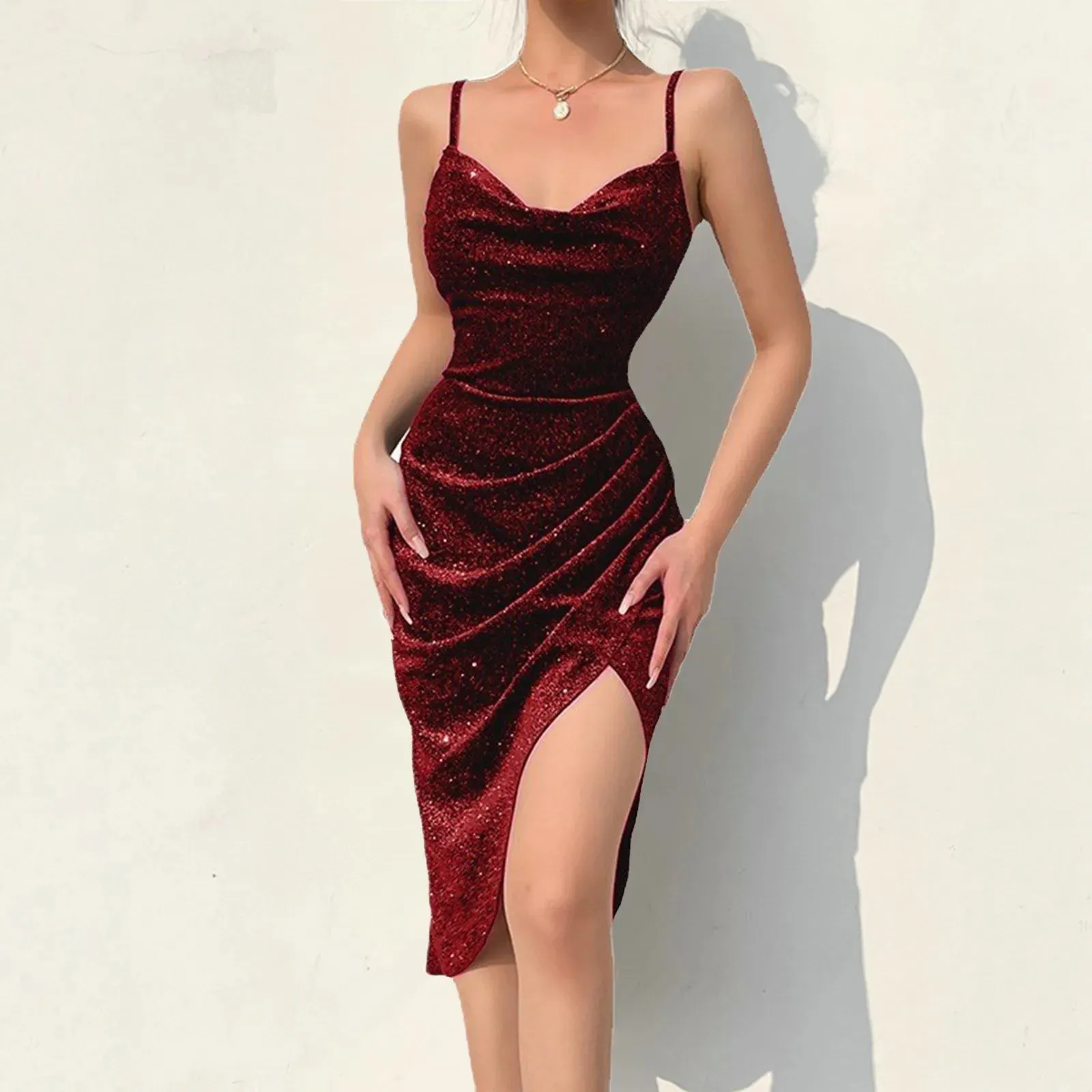 2024 Womens Corset Satin Spaghetti Strap Sequin Bodycon Midi Dress