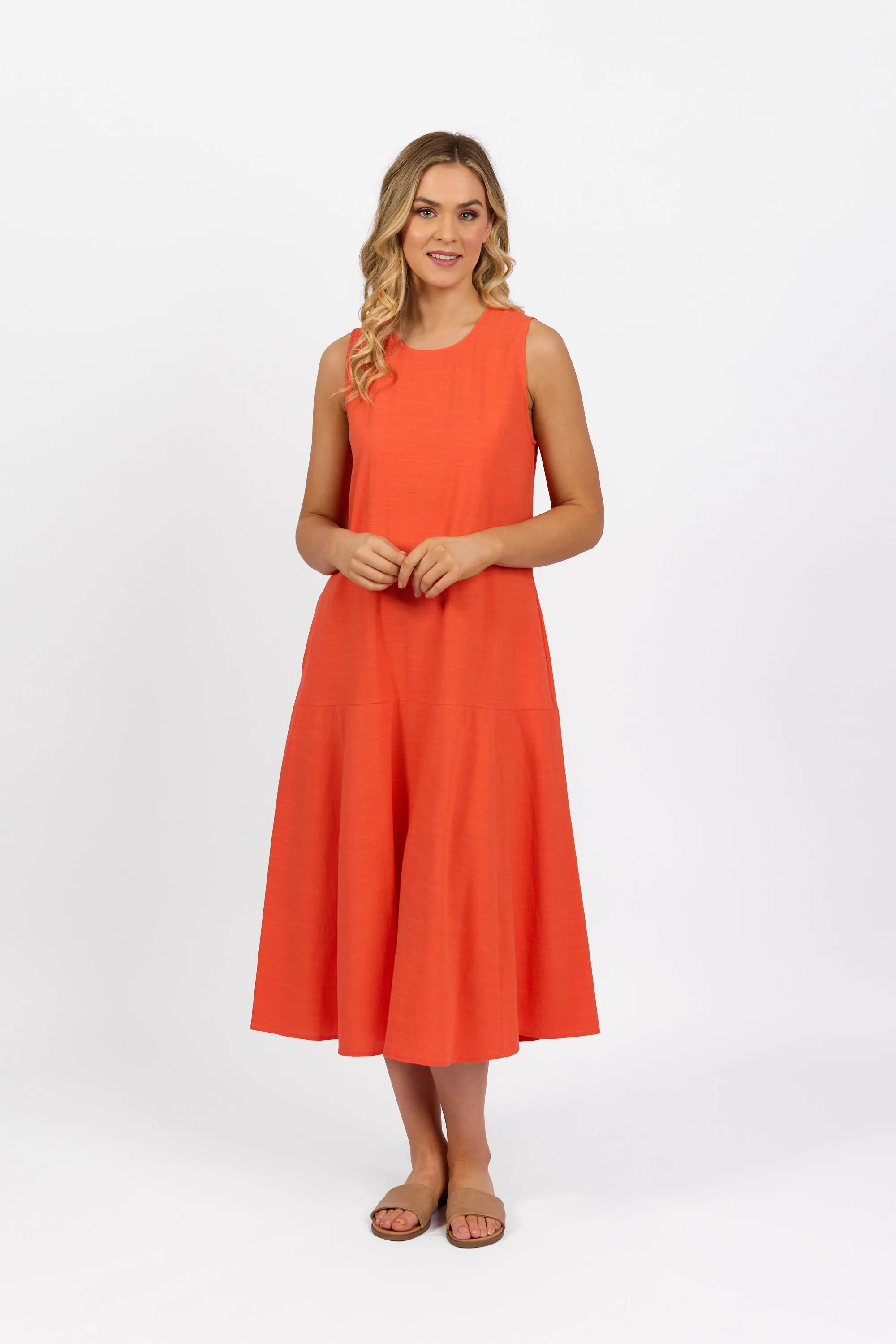 6102 Plain Long Sleeveless Dress with Round Neck :Punch