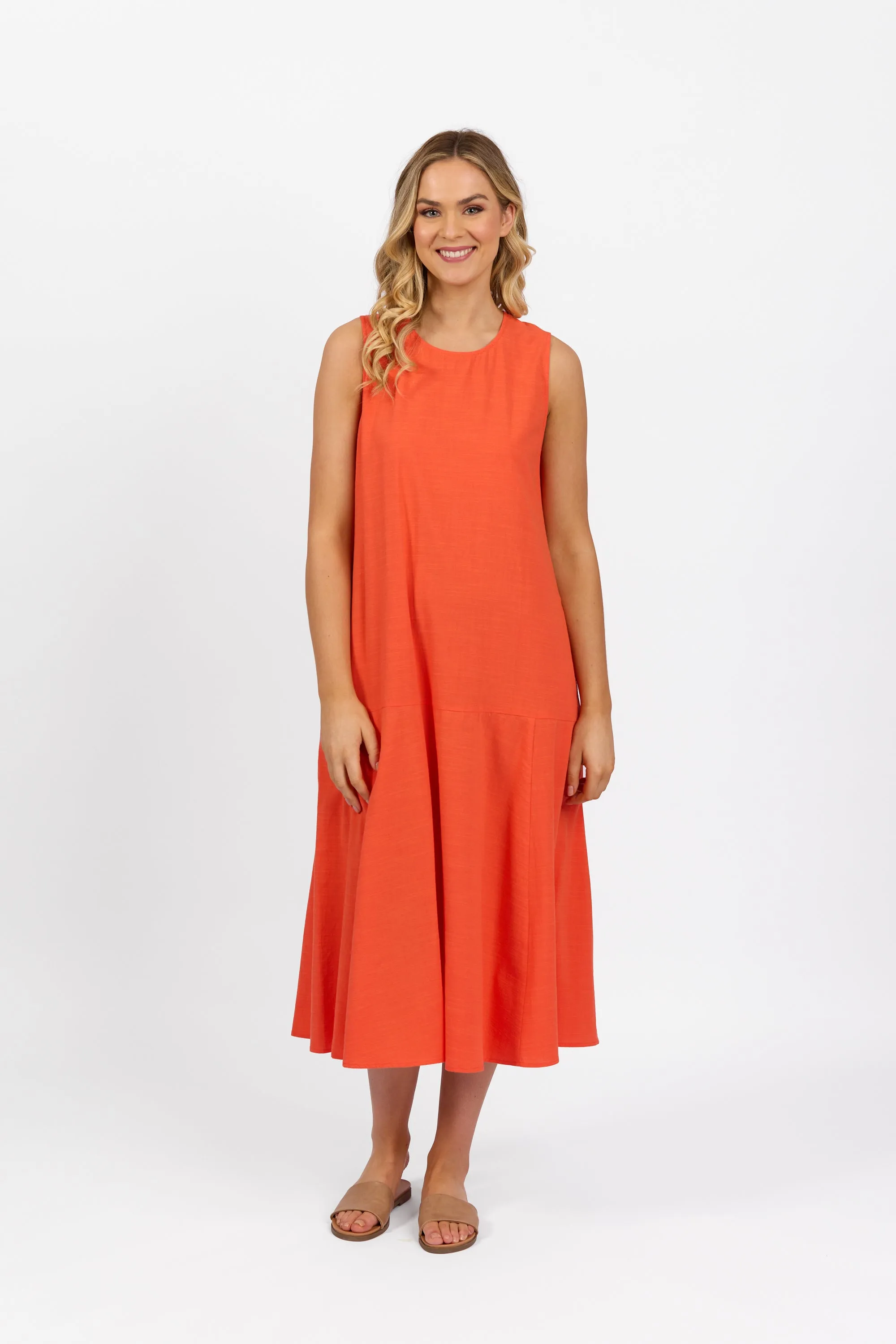 6102 Plain Long Sleeveless Dress with Round Neck :Punch