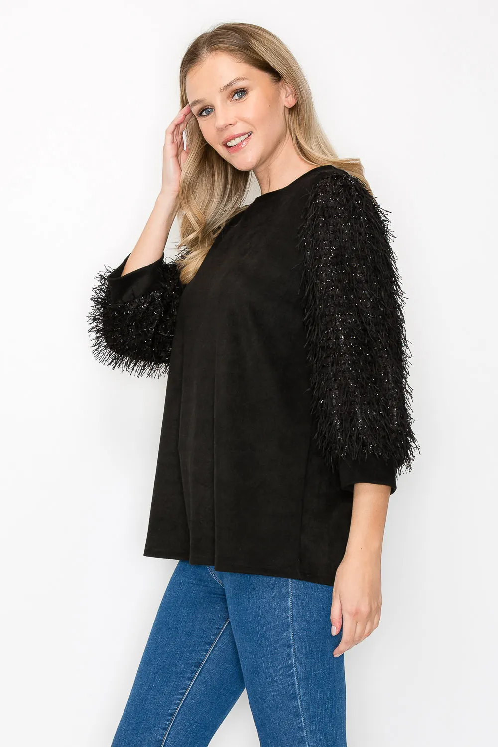 Abby Suede Top with Feathered Sleeves