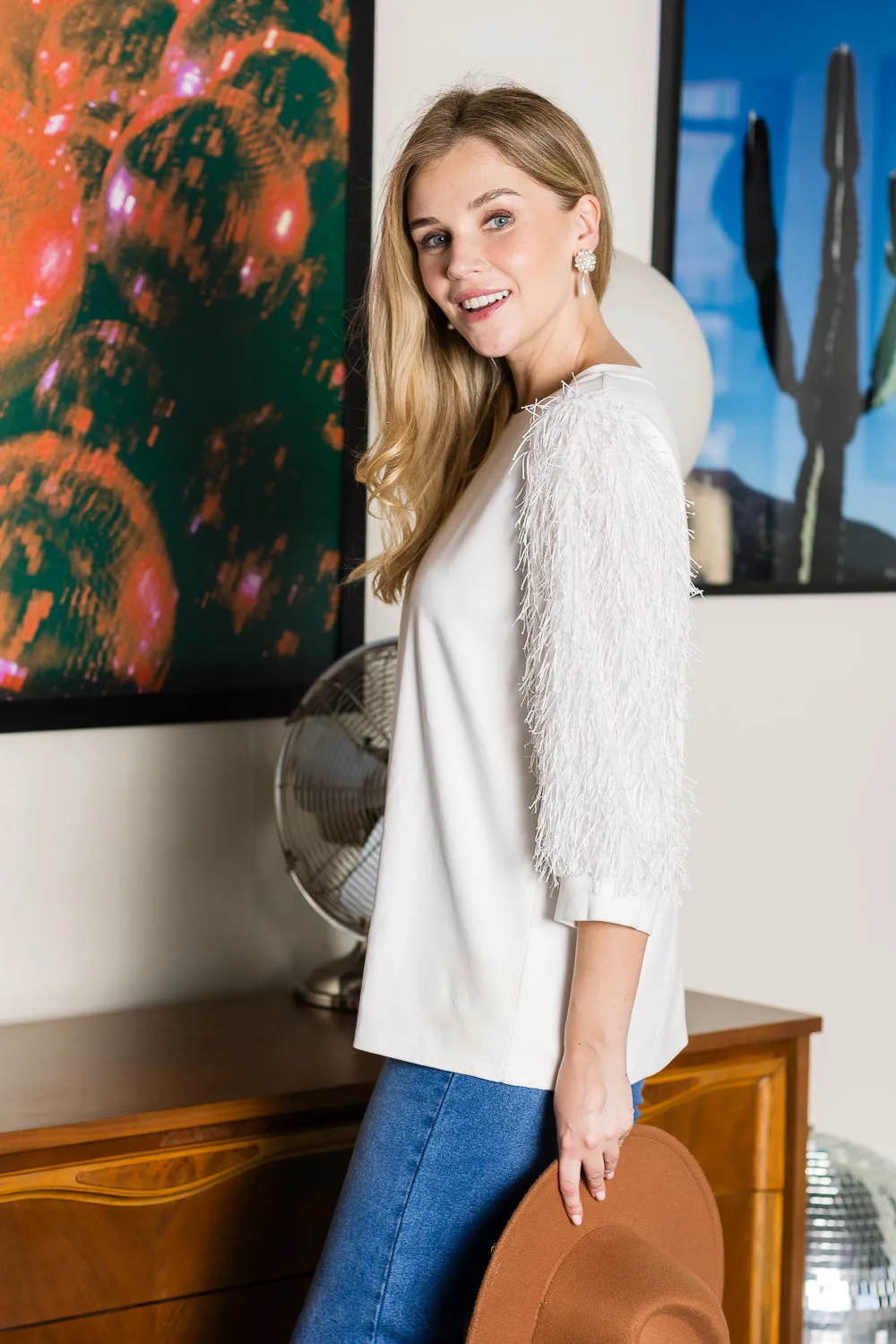 Abby Suede Top with Feathered Sleeves