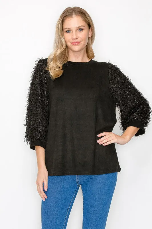 Abby Suede Top with Feathered Sleeves