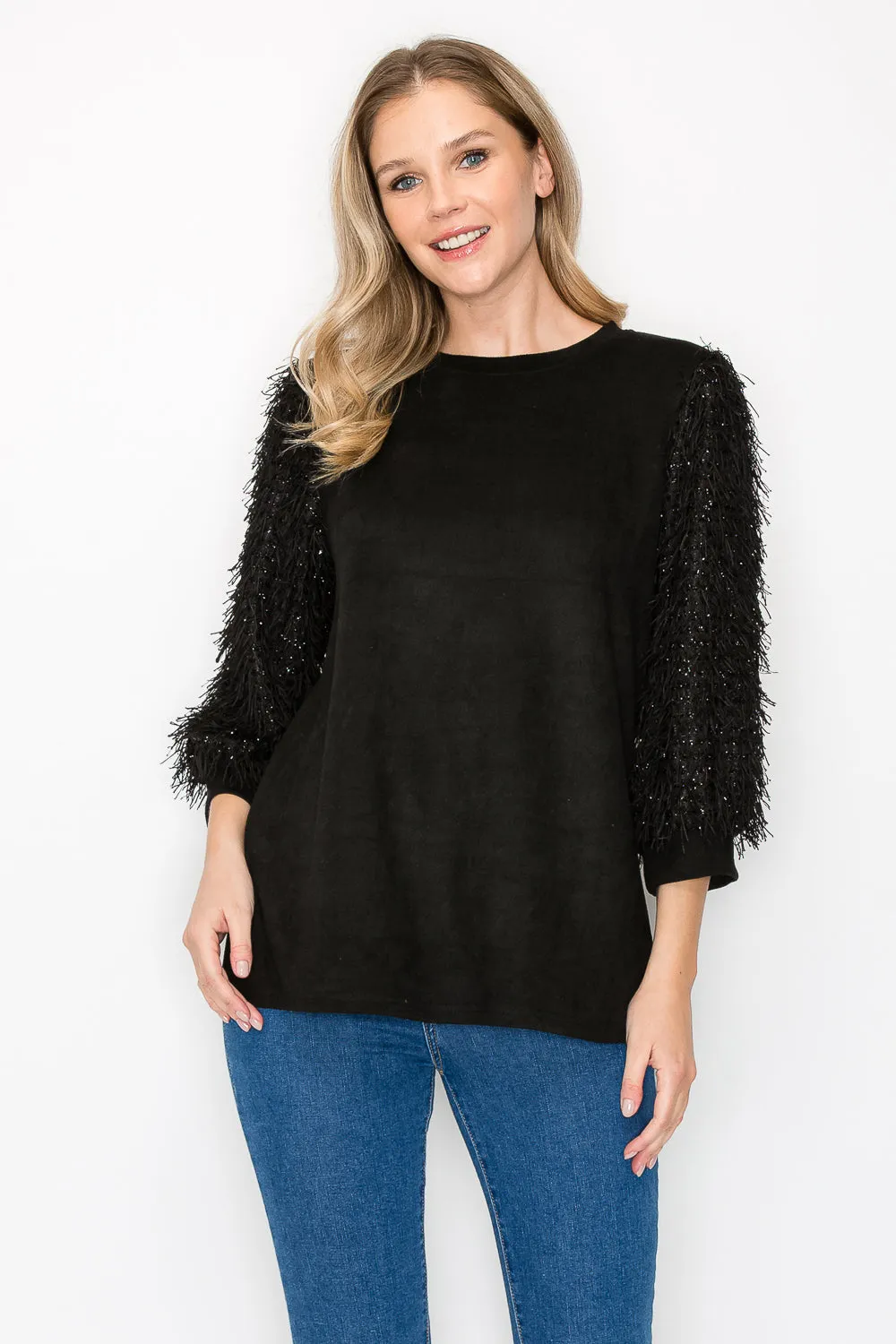 Abby Suede Top with Feathered Sleeves