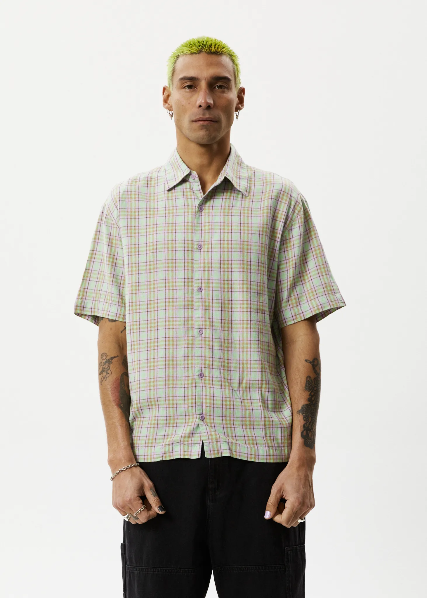 AFENDS Mens Kali - Short Sleeve Shirt - Pistachio Check