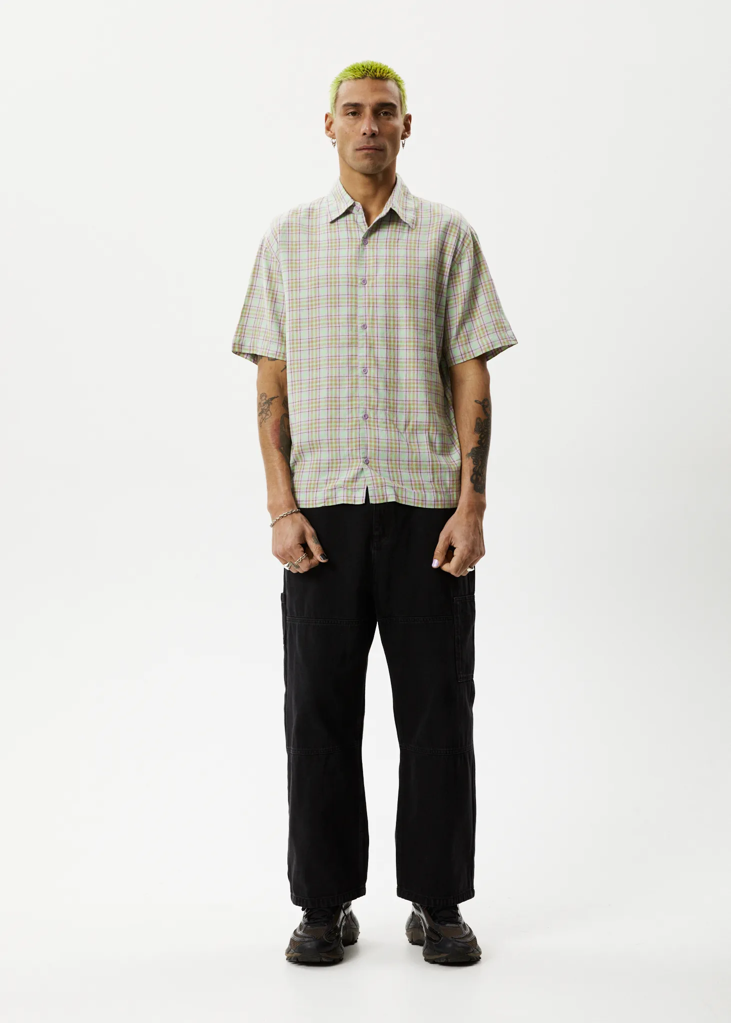 AFENDS Mens Kali - Short Sleeve Shirt - Pistachio Check