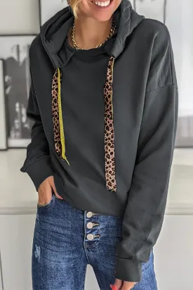 Black Animal Print Drop Shoulder Hoodie