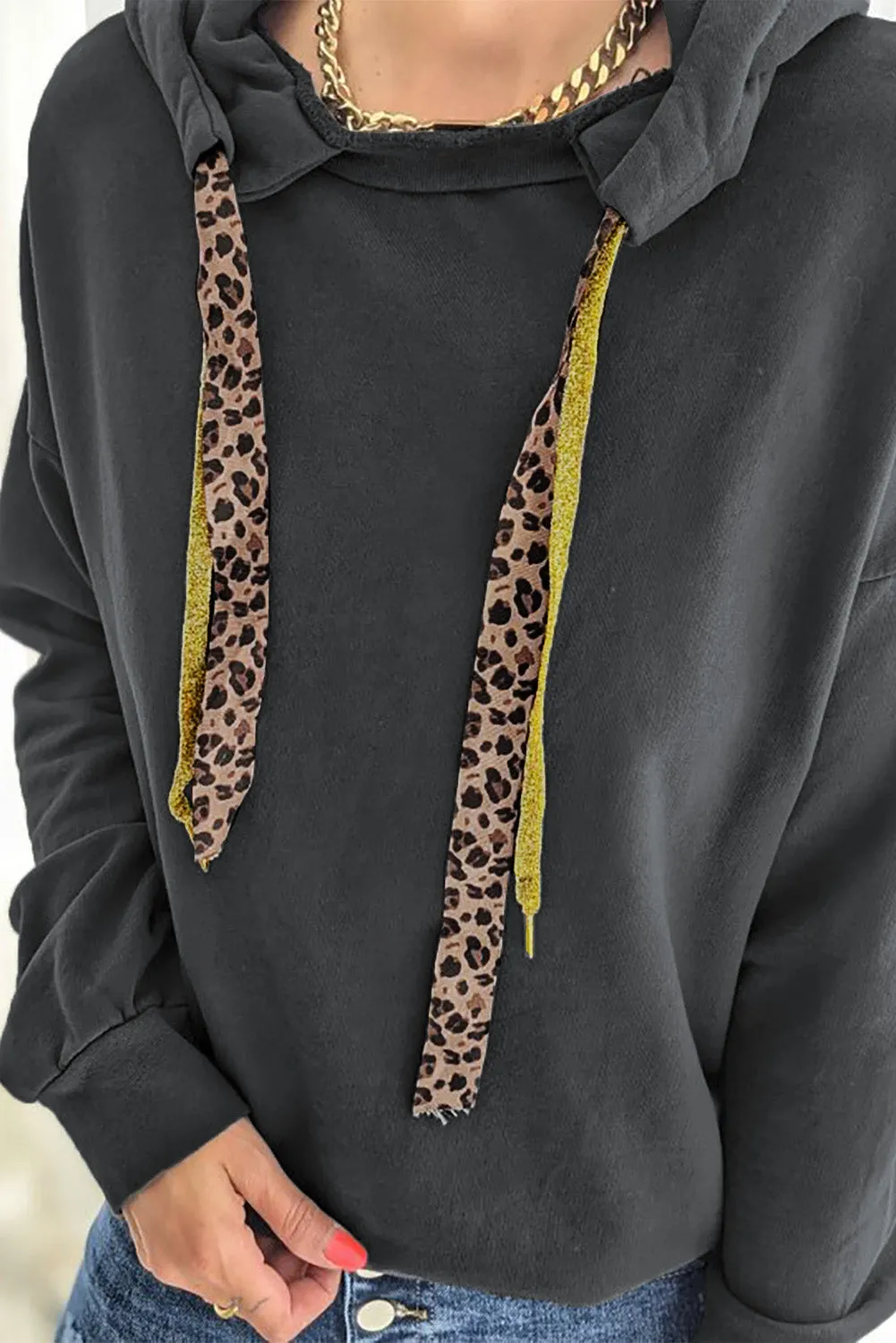 Black Animal Print Drop Shoulder Hoodie