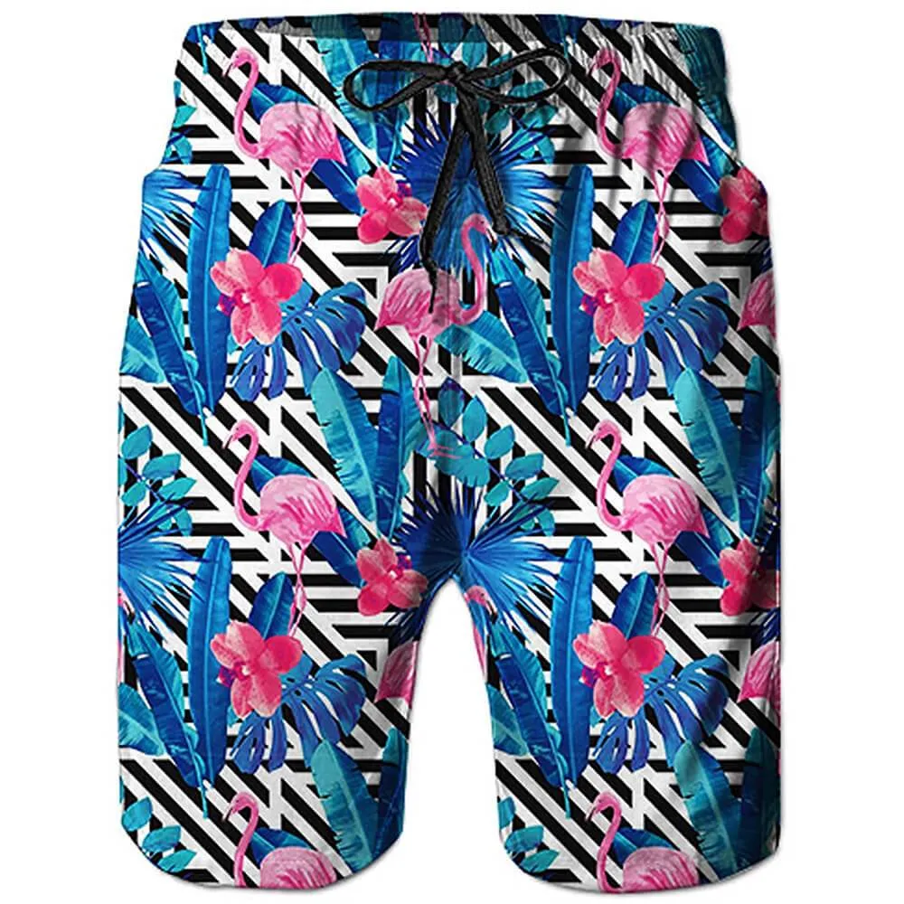 Blue Flowers Flamingos Funny Swim Trunks