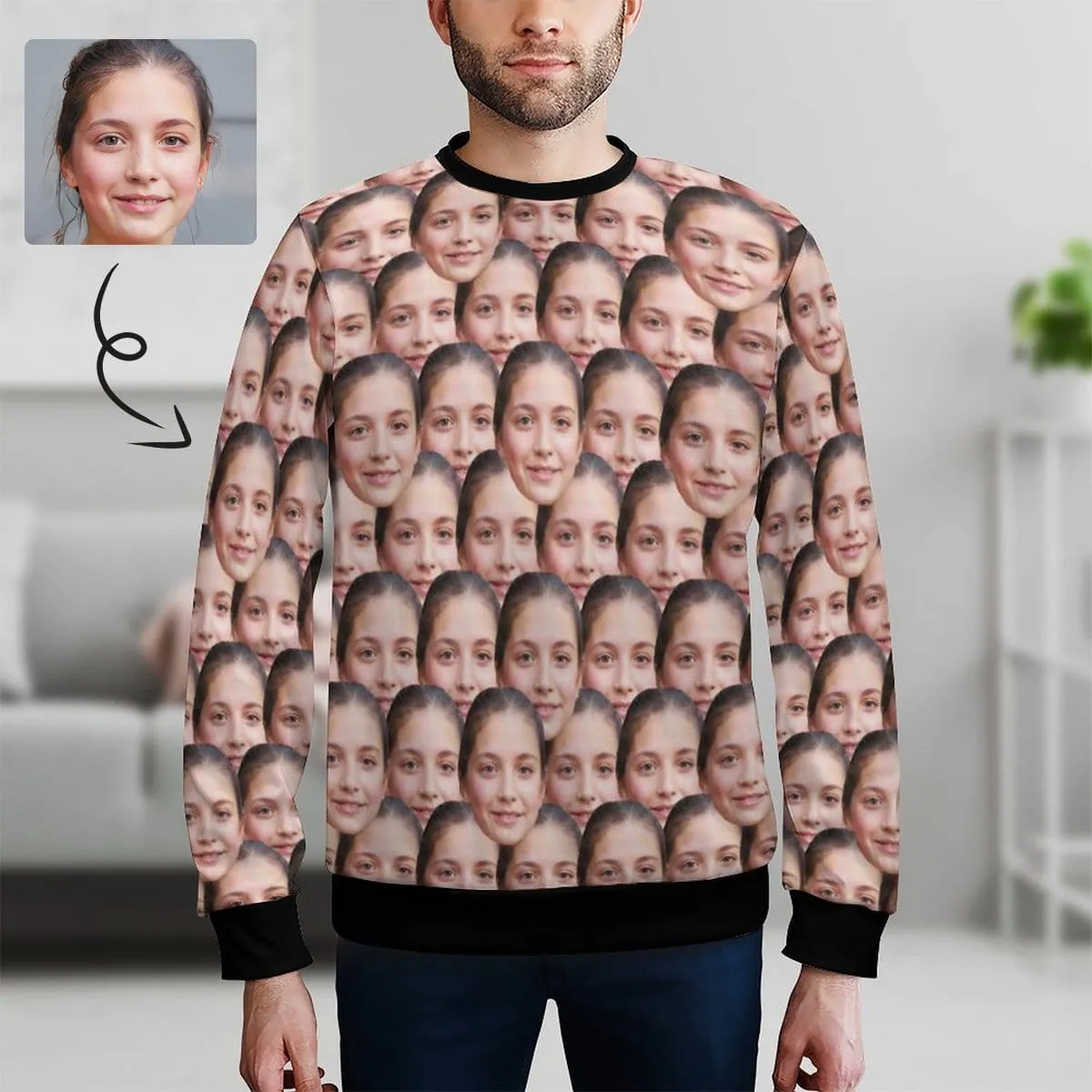 Custom Seamless Face Loose Sweatshirt Personalized Face All Over Print Crewneck Loose Sweatshirt