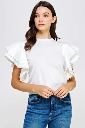 Double Layer PomPom Short Sleeve Knit Top