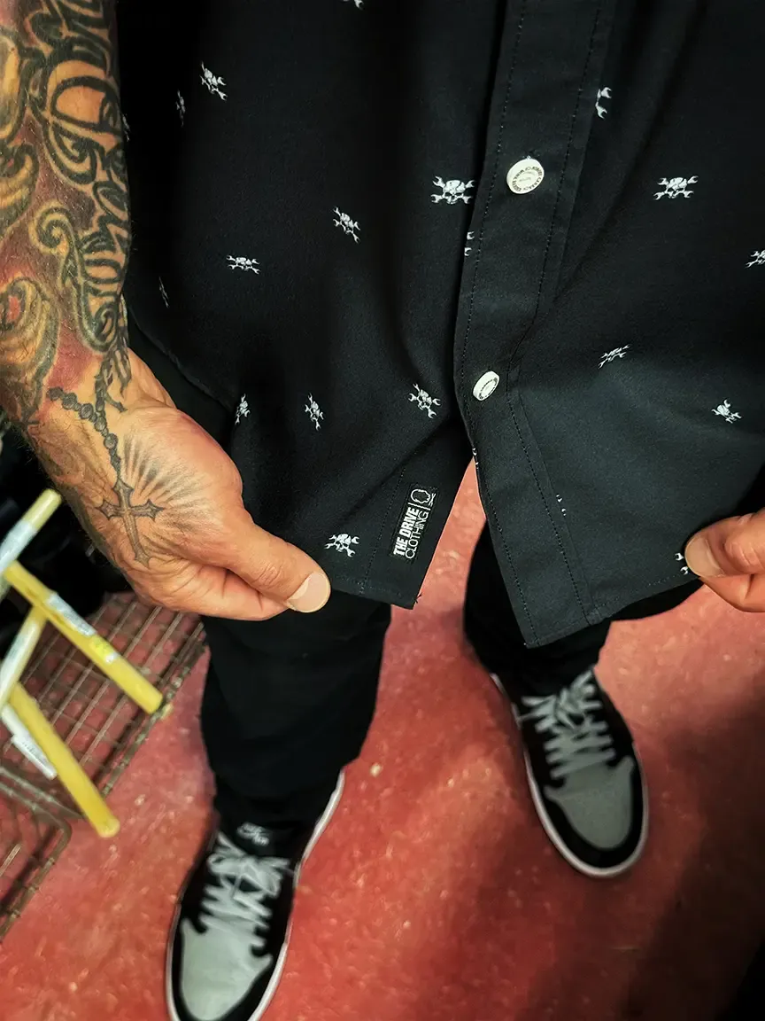 ESSENTIAL NOBODY CARES BLACK BUTTON UP