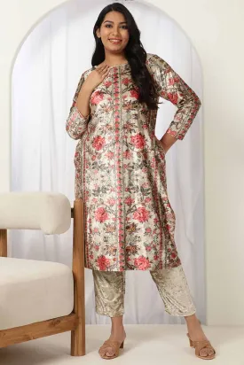 Ethnic Floral Round Neck Velvet Kurta