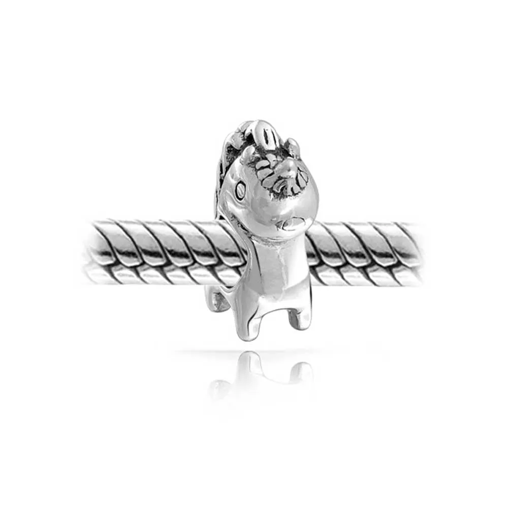 Good Luck Cartoon Fairy Tale Mythical Unicorn Charm Bead .925 Silver