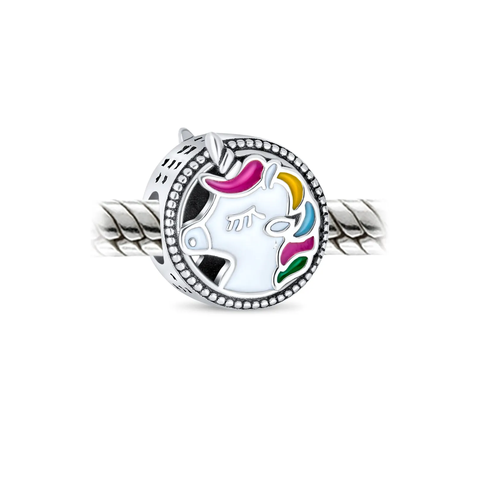 Good Luck Cartoon Fairy Tale Mythical Unicorn Charm Bead .925 Silver