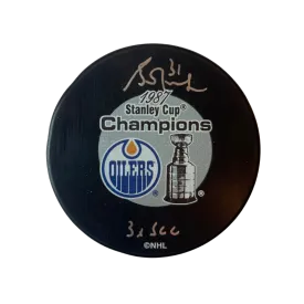 Grant Fuhr Edmonton Oilers Autographed 1987 Oilers Stanley Cup Puck w/ "3x SCC" Inscription - Fan Cave COA