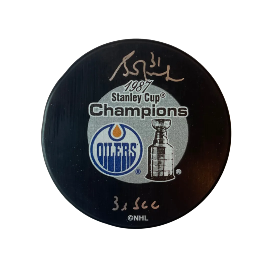 Grant Fuhr Edmonton Oilers Autographed 1987 Oilers Stanley Cup Puck w/ "3x SCC" Inscription - Fan Cave COA