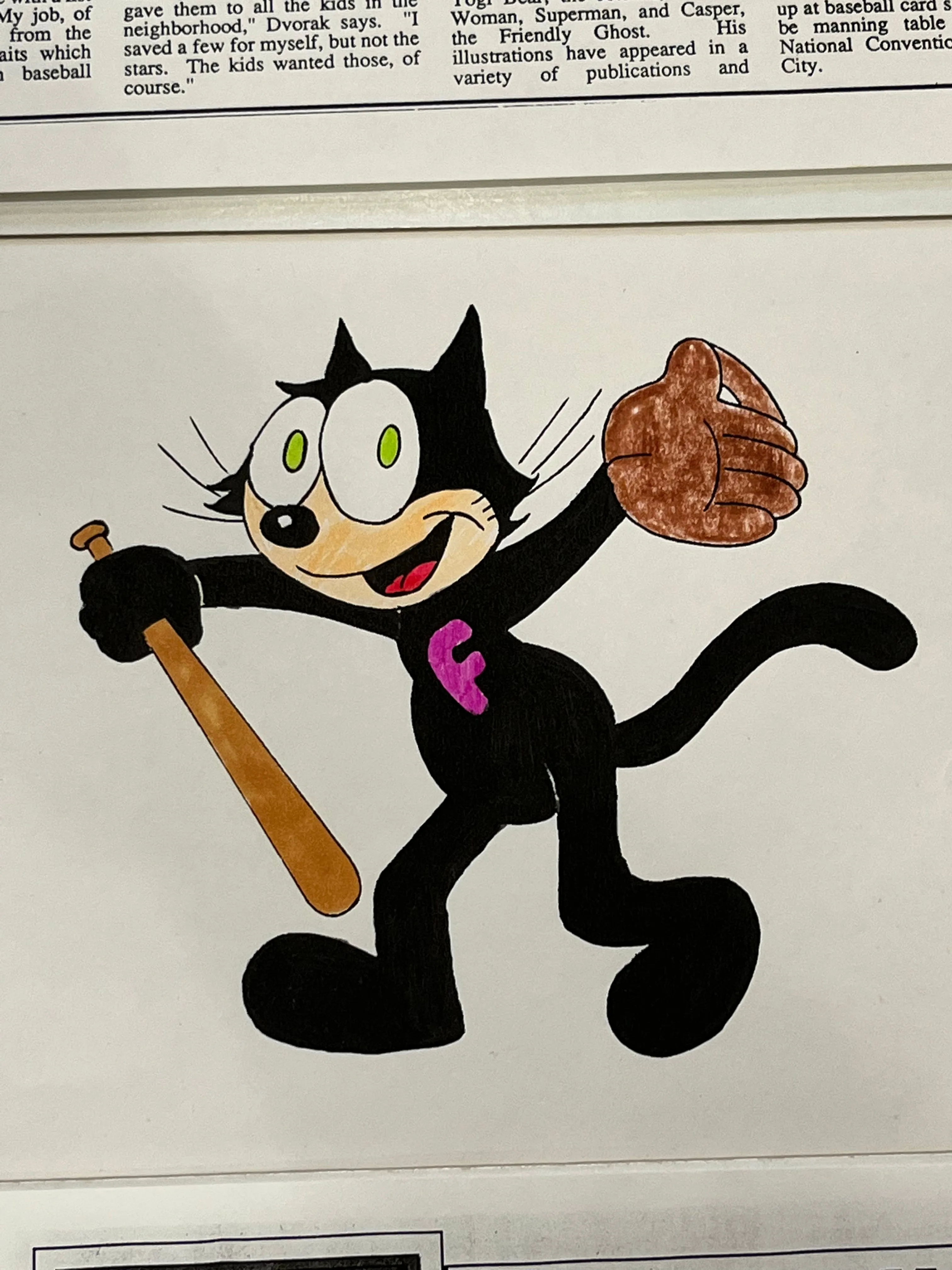 HOLLYWOOD PICTURES™: Gerry Dvorak Felix The Cat Hand with Mickey Mantles Baseball Glove Hand Drawing