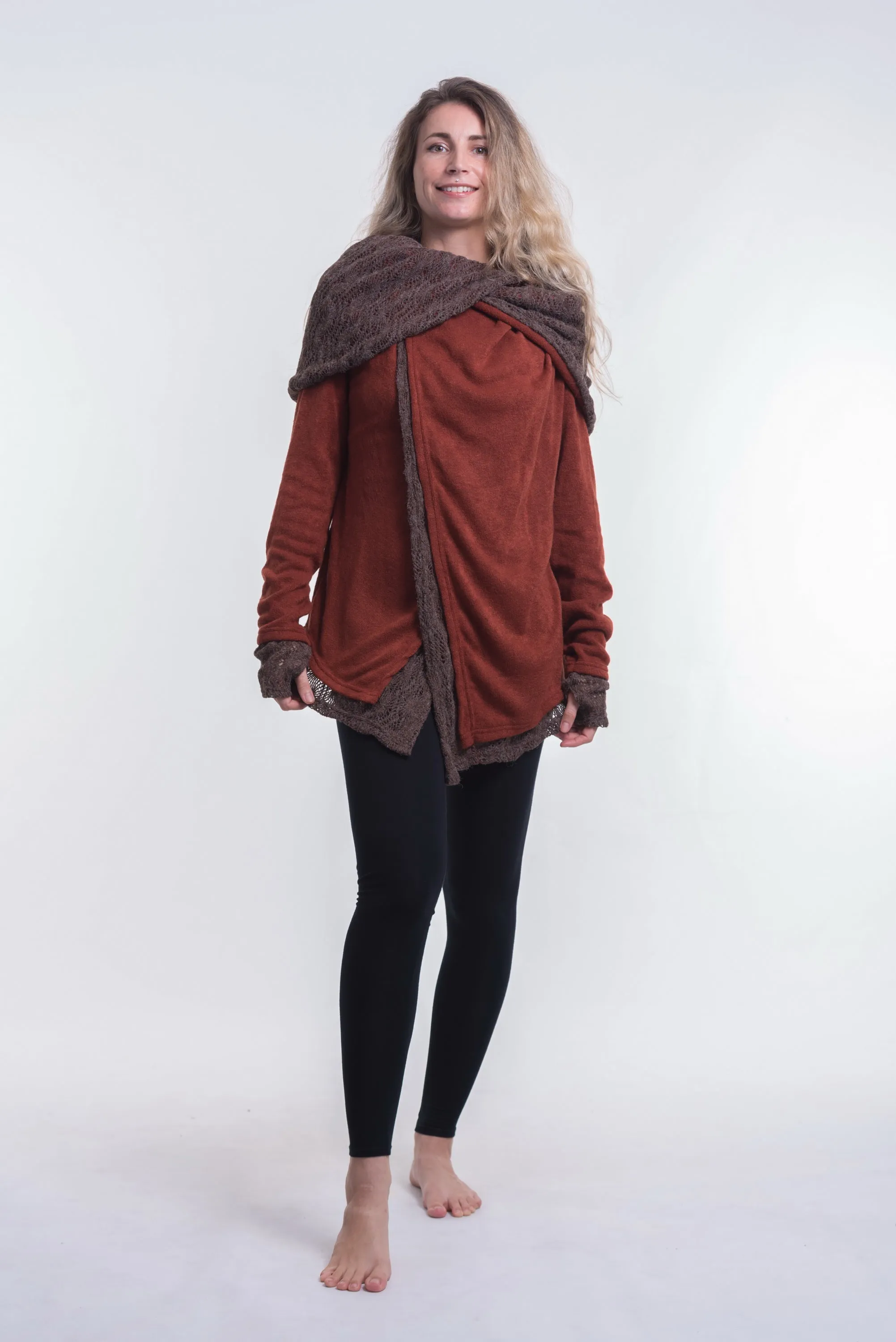 Hooded Shawl Cardigan in Brick