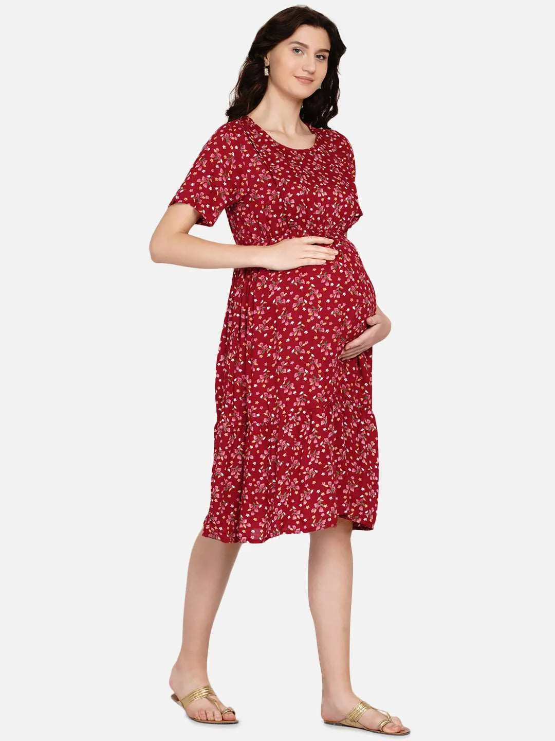 Maroon Floral Print Maternity and Nursing Midi Dress