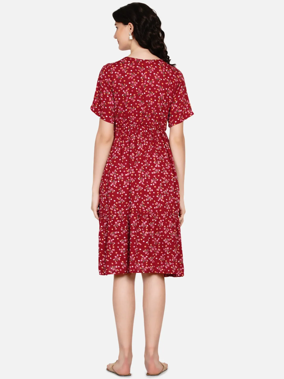 Maroon Floral Print Maternity and Nursing Midi Dress