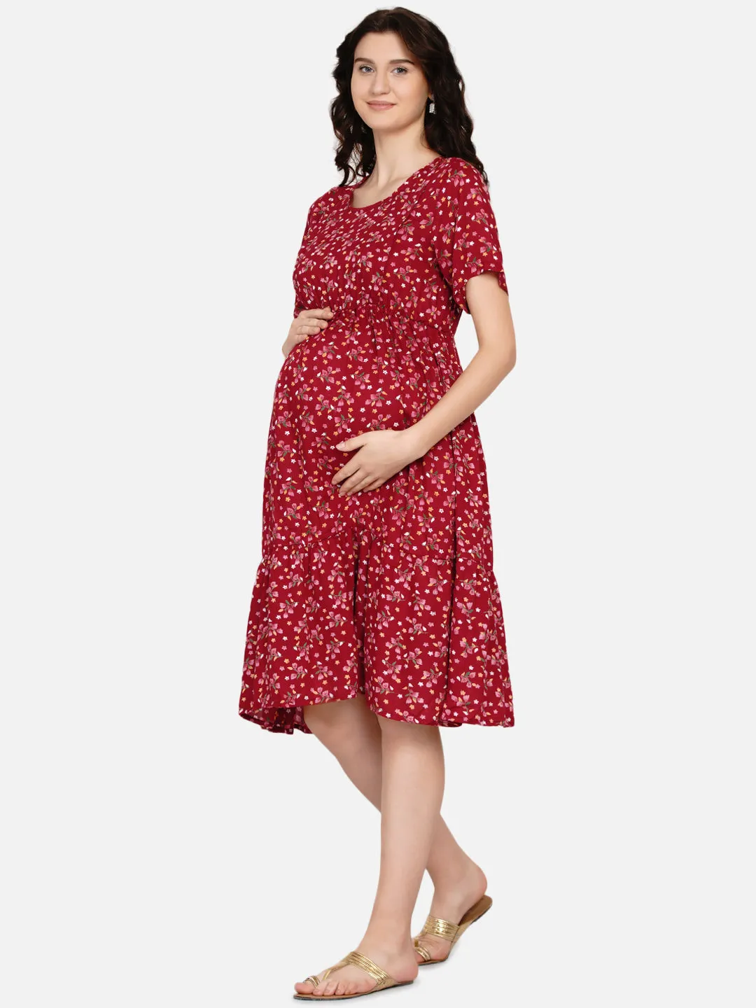 Maroon Floral Print Maternity and Nursing Midi Dress