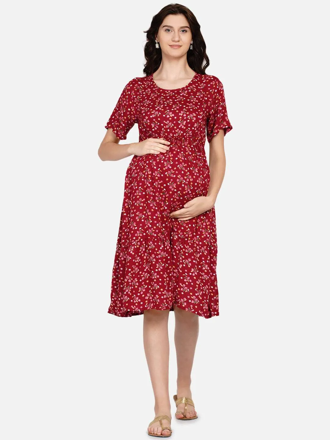 Maroon Floral Print Maternity and Nursing Midi Dress