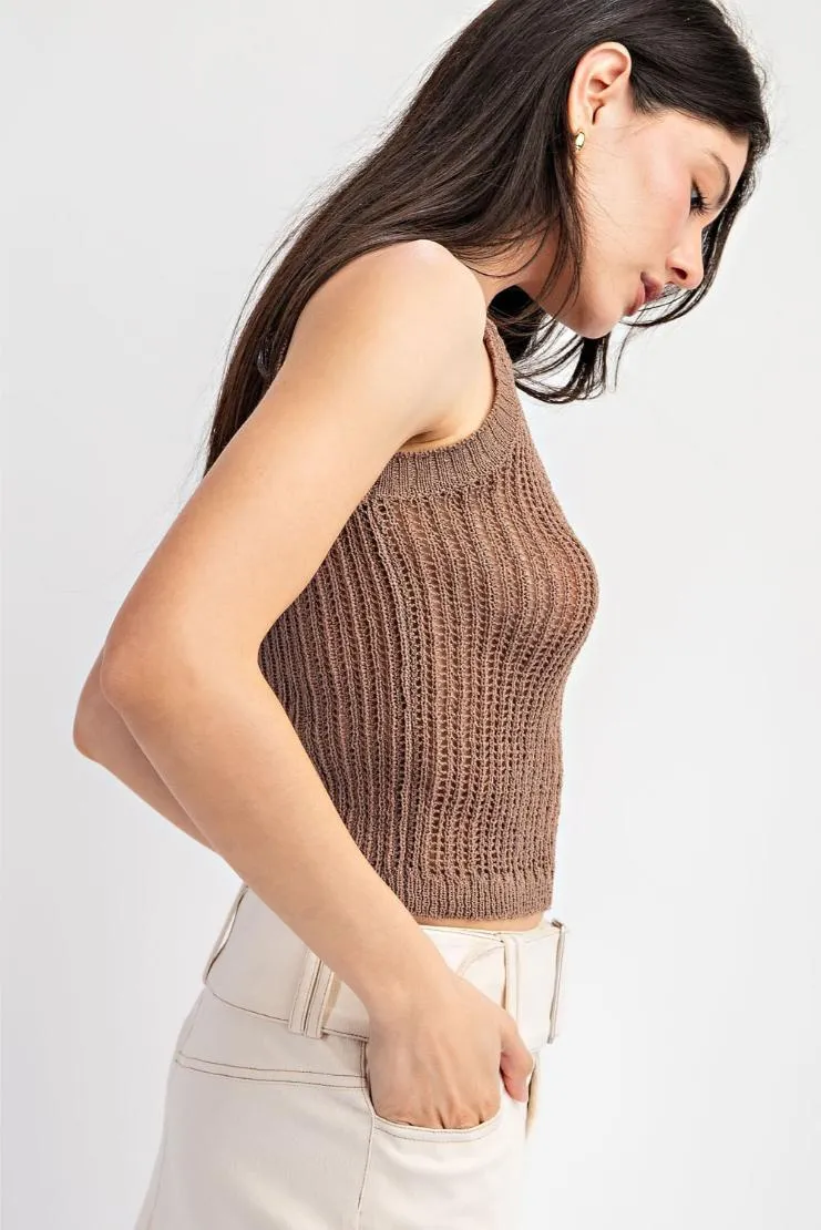 Millie Open Knit Sleeveless Top - Mocha