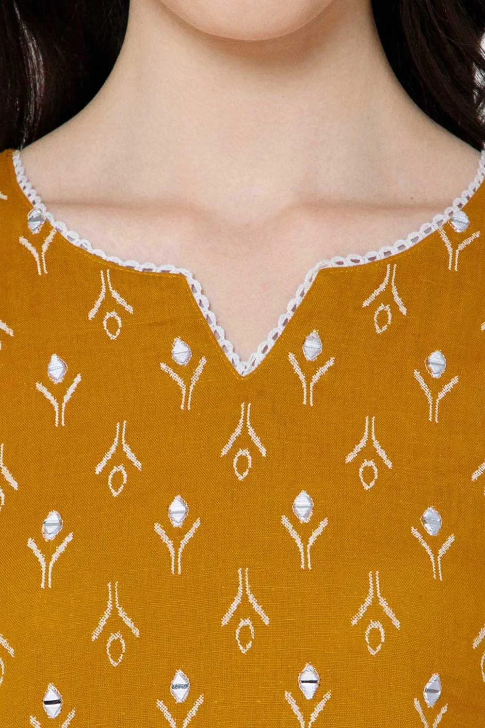 Mythri Women's Casual Tops with Minimalistic Mirror Embroidery With Lace At  The Neckline And Princess Line - Mustard - E009