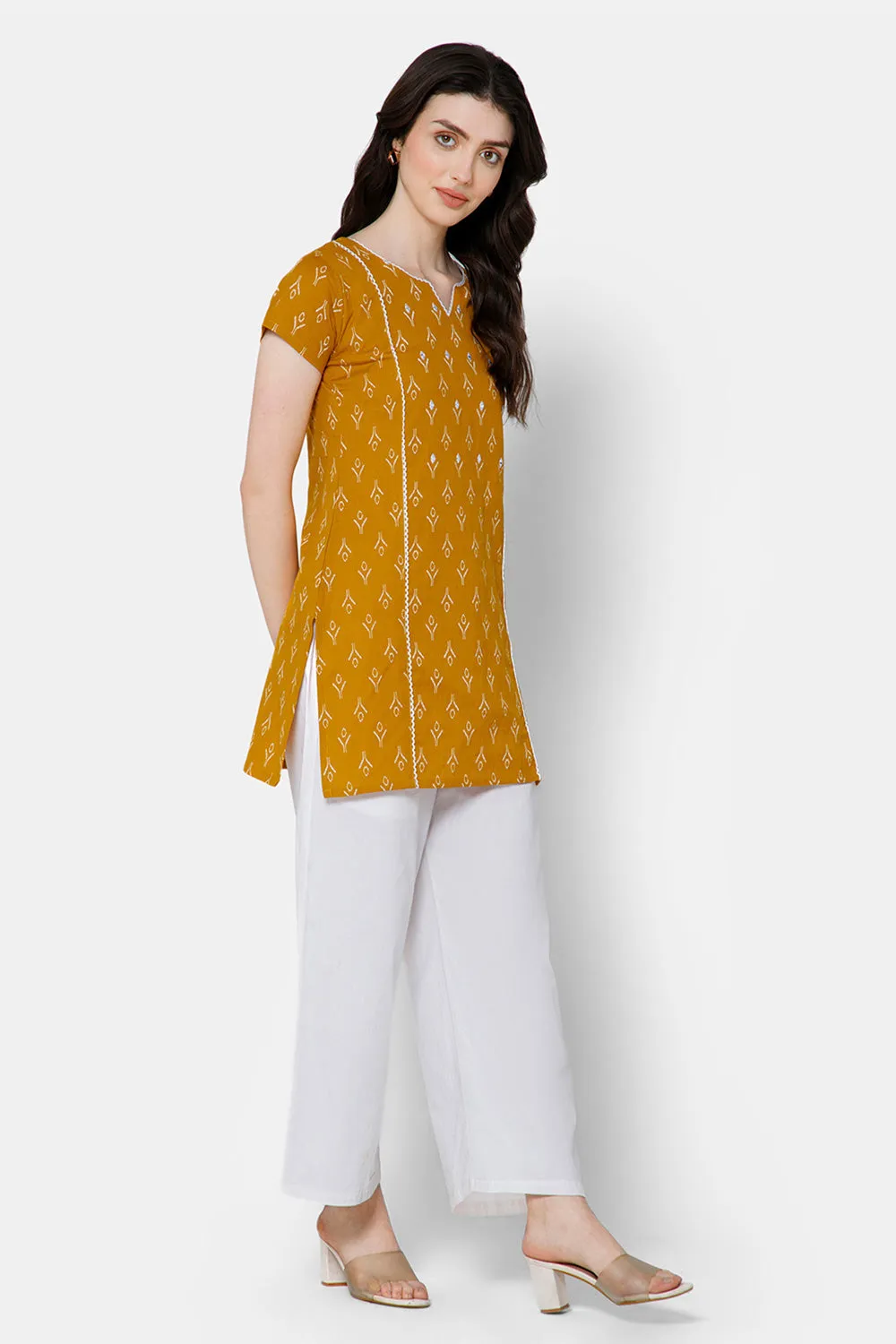 Mythri Women's Casual Tops with Minimalistic Mirror Embroidery With Lace At  The Neckline And Princess Line - Mustard - E009