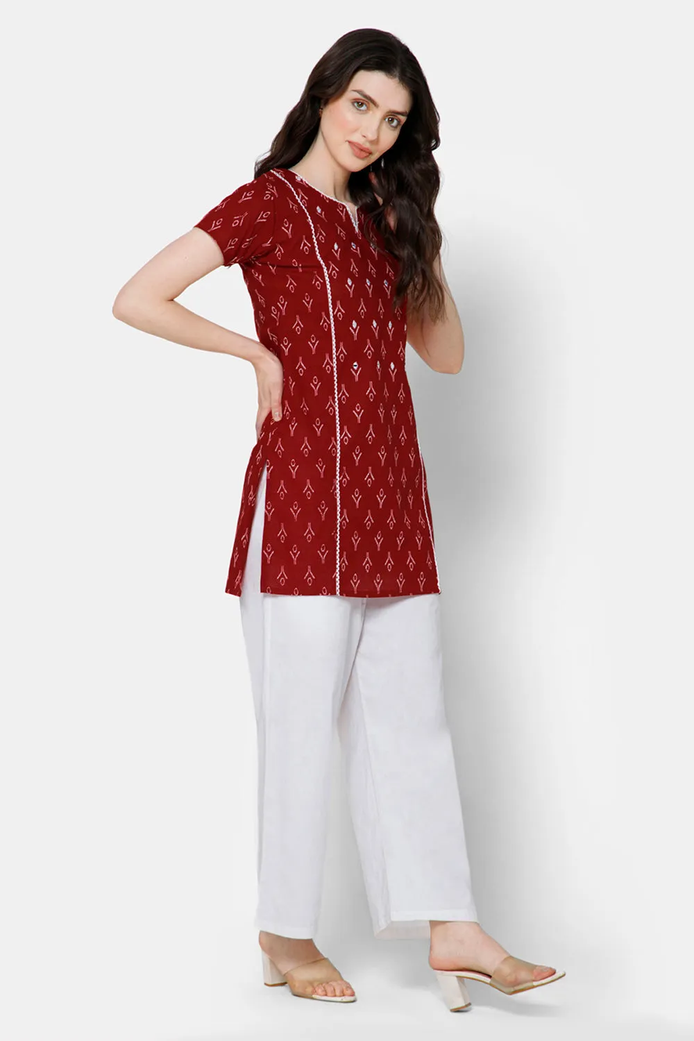 Mythri Women's Casual Tops with Minimalistic Mirror Embroidery With Lace At  The Neckline And Princess Line - Red - E010