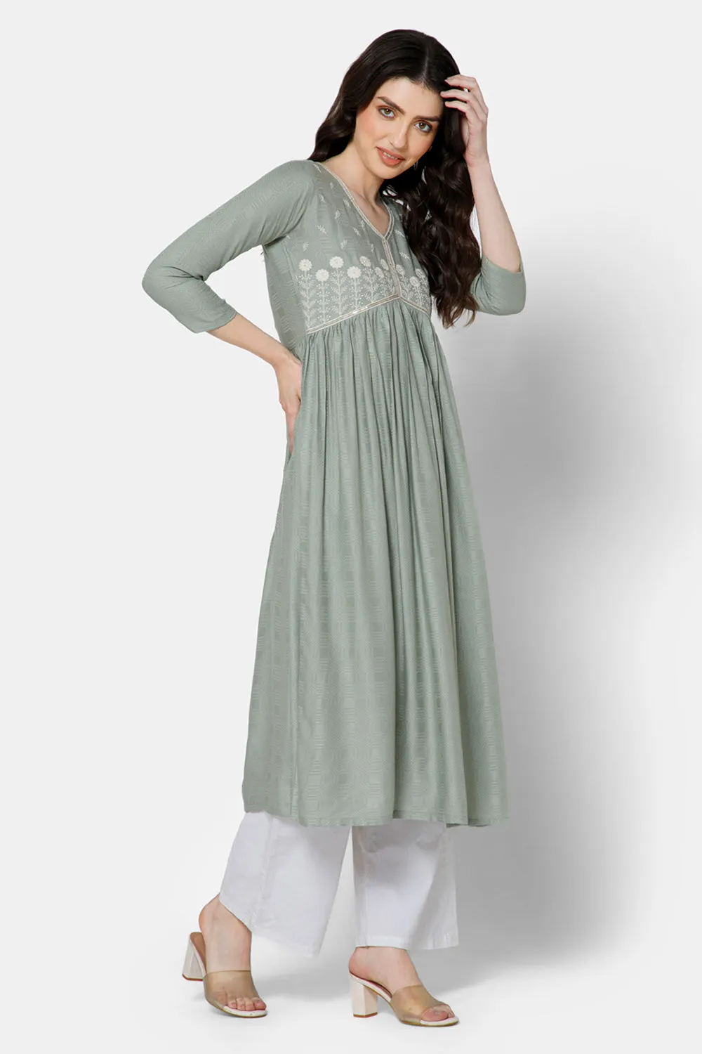 Mythri Women's Ethnic wear Kurthi with Elegant Lace Attachment At The Neckline - Green - E080