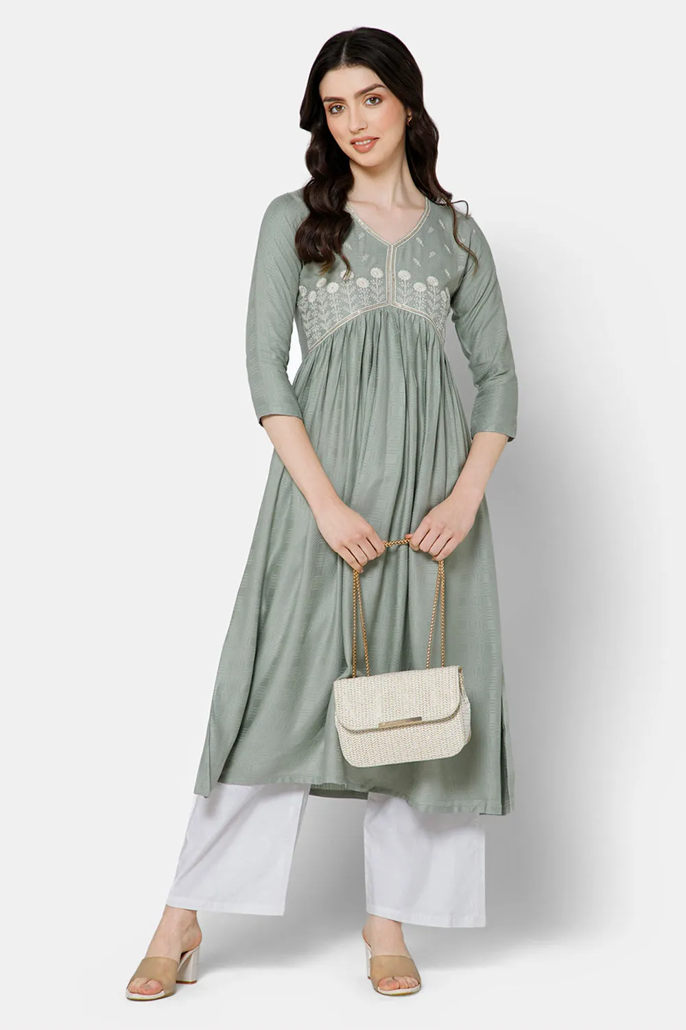 Mythri Women's Ethnic wear Kurthi with Elegant Lace Attachment At The Neckline - Green - E080