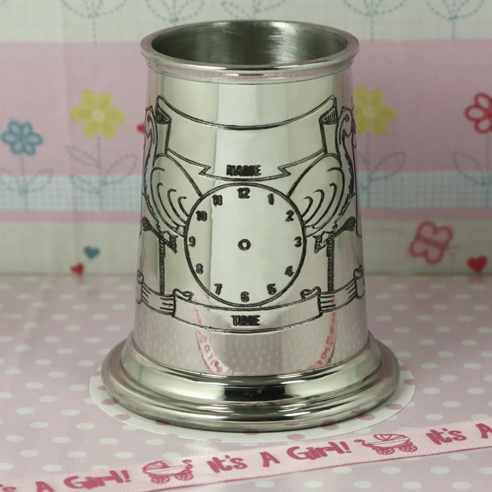 New Baby Stork Handle Childrens Pewter Christening Cup