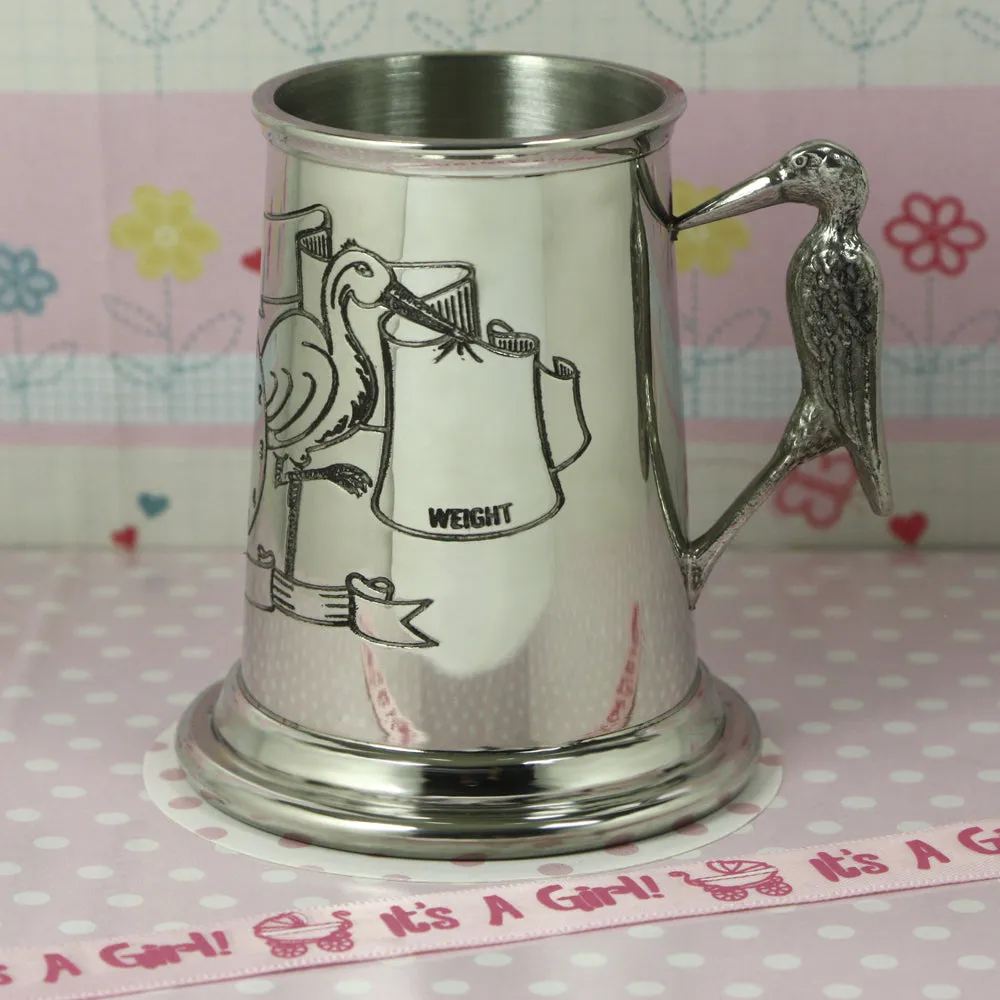 New Baby Stork Handle Childrens Pewter Christening Cup