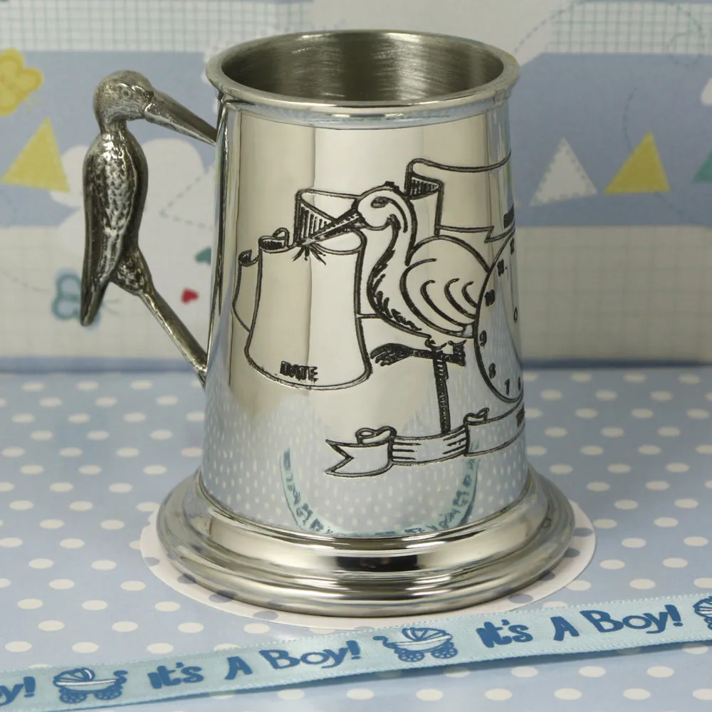 New Baby Stork Handle Childrens Pewter Christening Cup