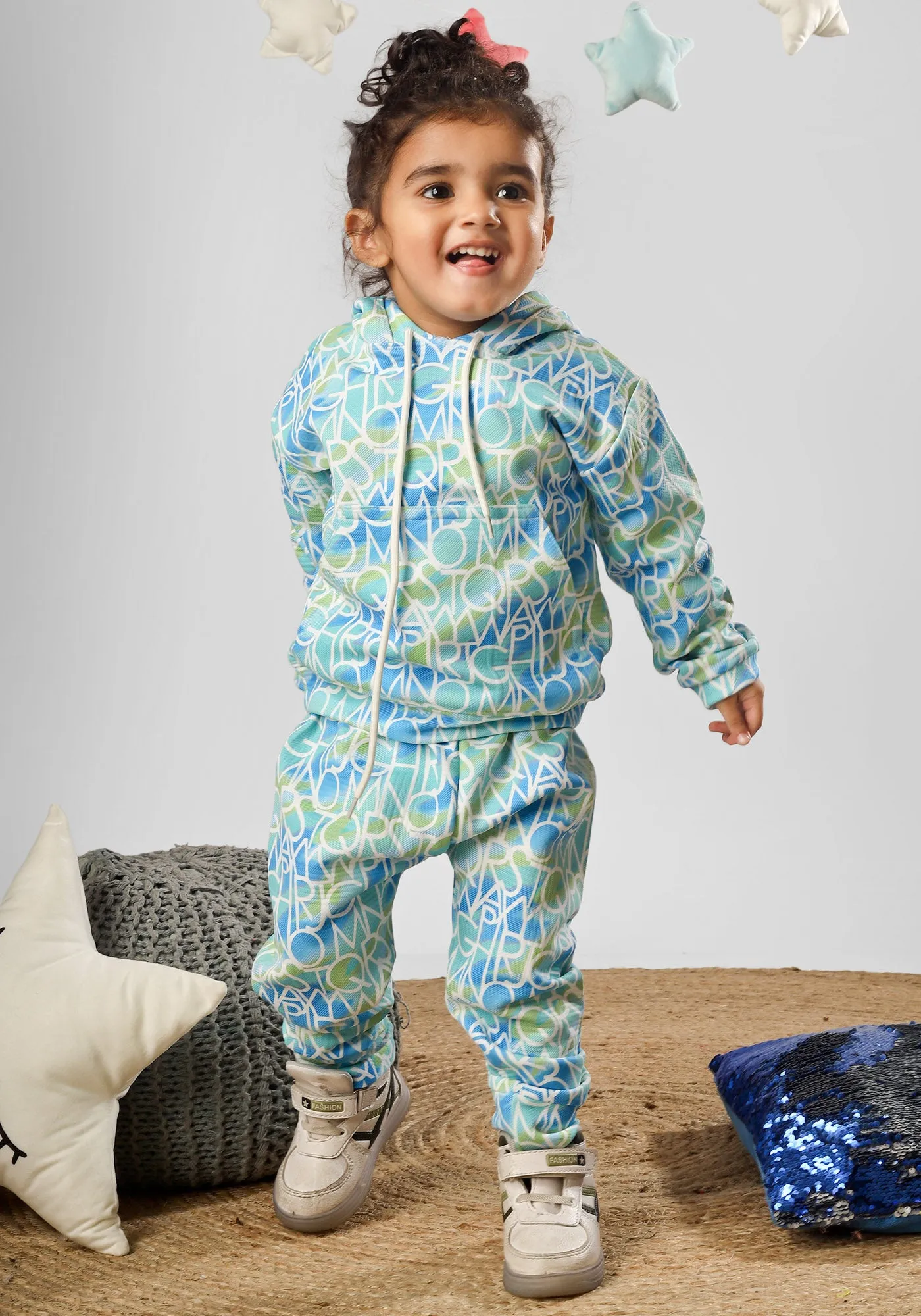 Polka Tots Full sleeve Alphabets Print Co-ord Set - Blue