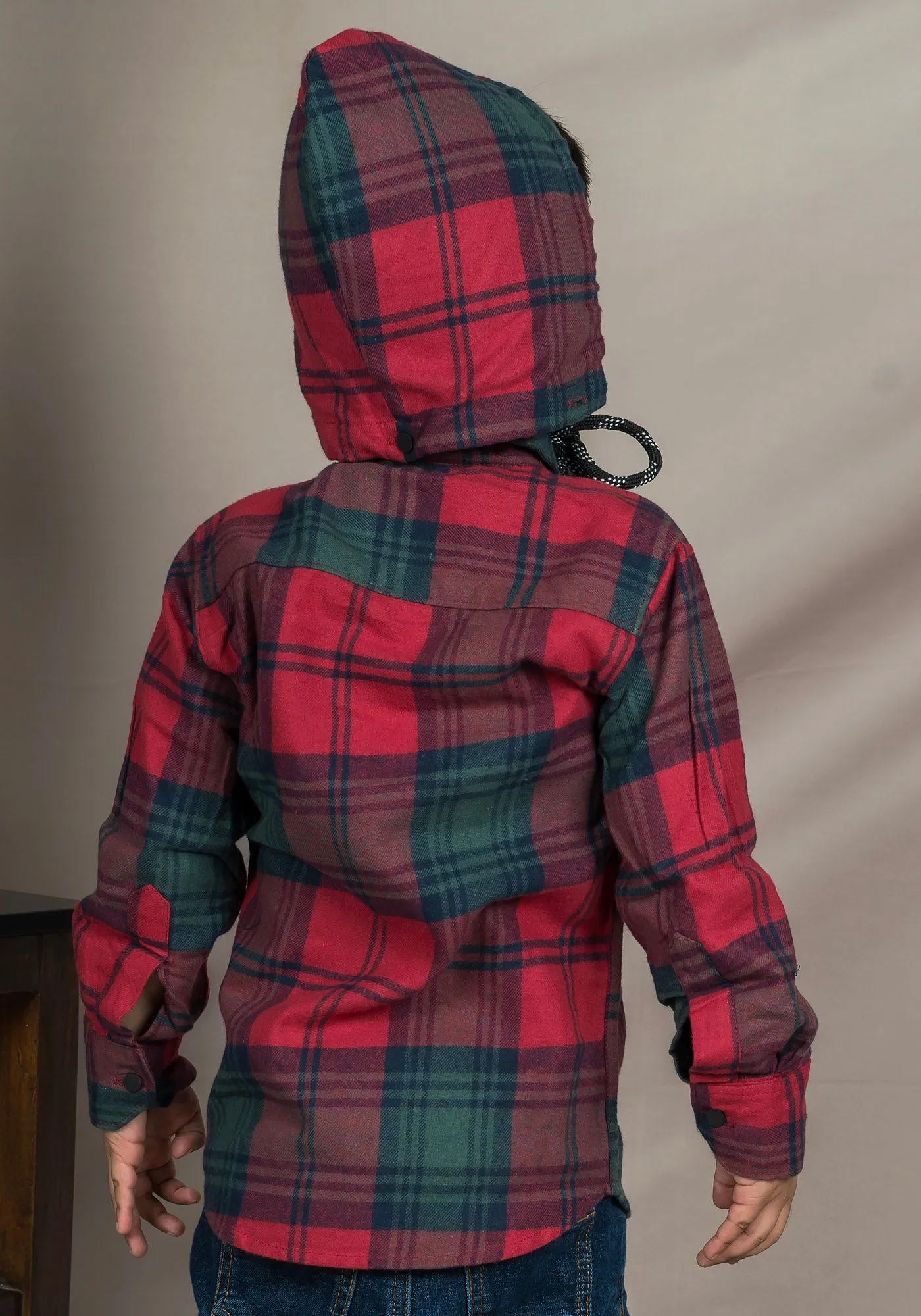 Polka Tots Full Sleeves Checks Printed Hooded Shirt - Red