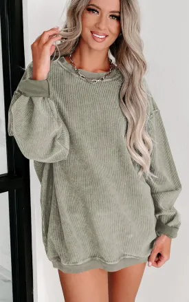 Ribbed Knit Round Neck Sweatshirt | Green