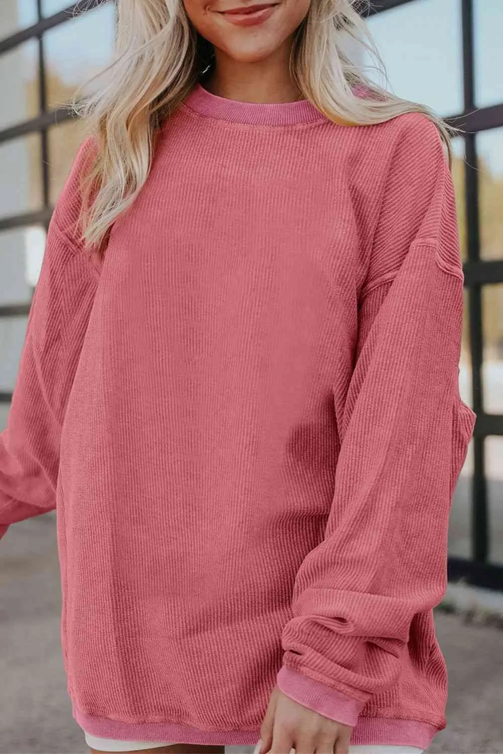 Ribbed Round Neck Drop Shoulder Sweatshirt