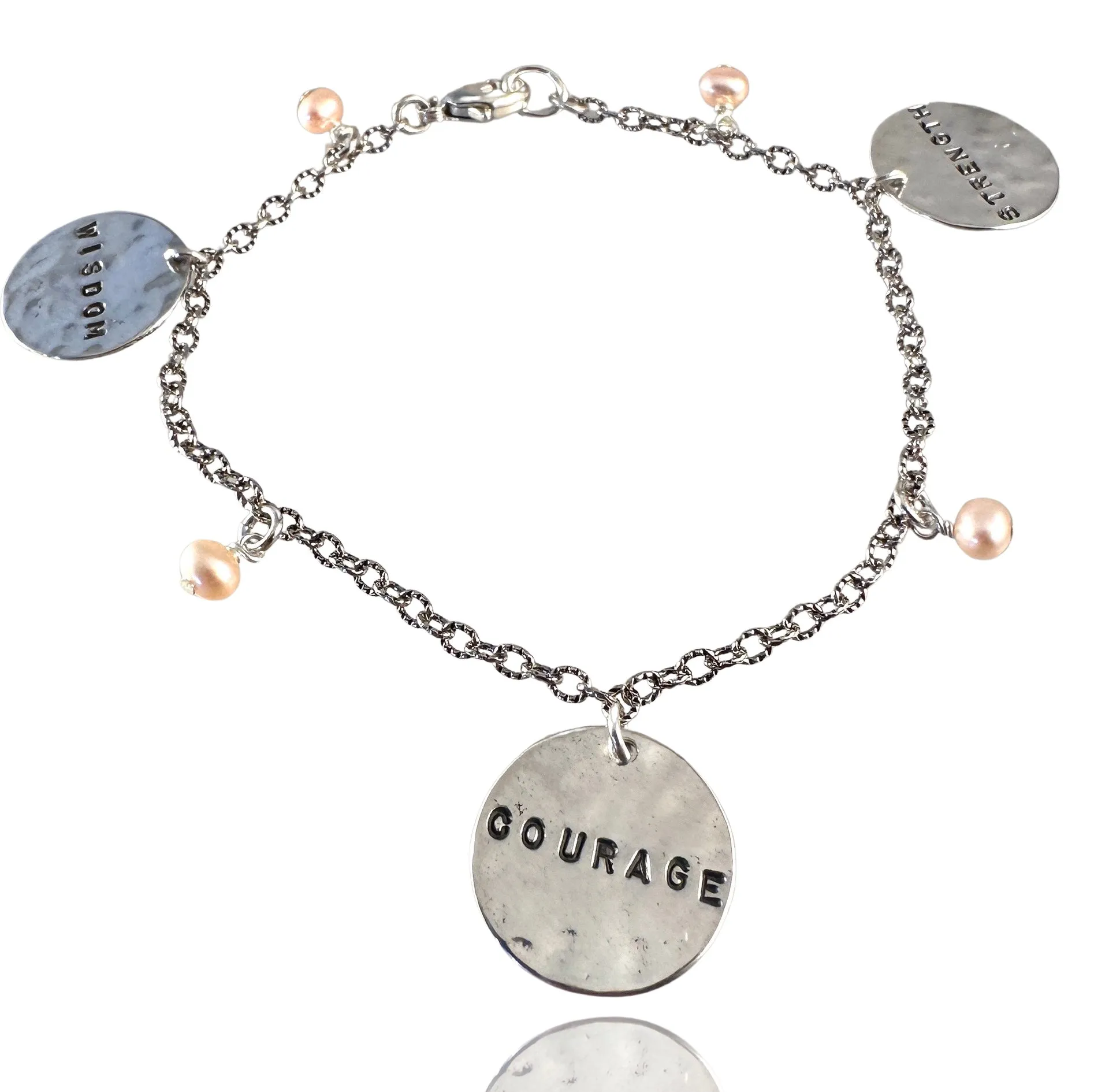 Sterling Silver Wisdom Courage Strength Pearl Charm Bracelet