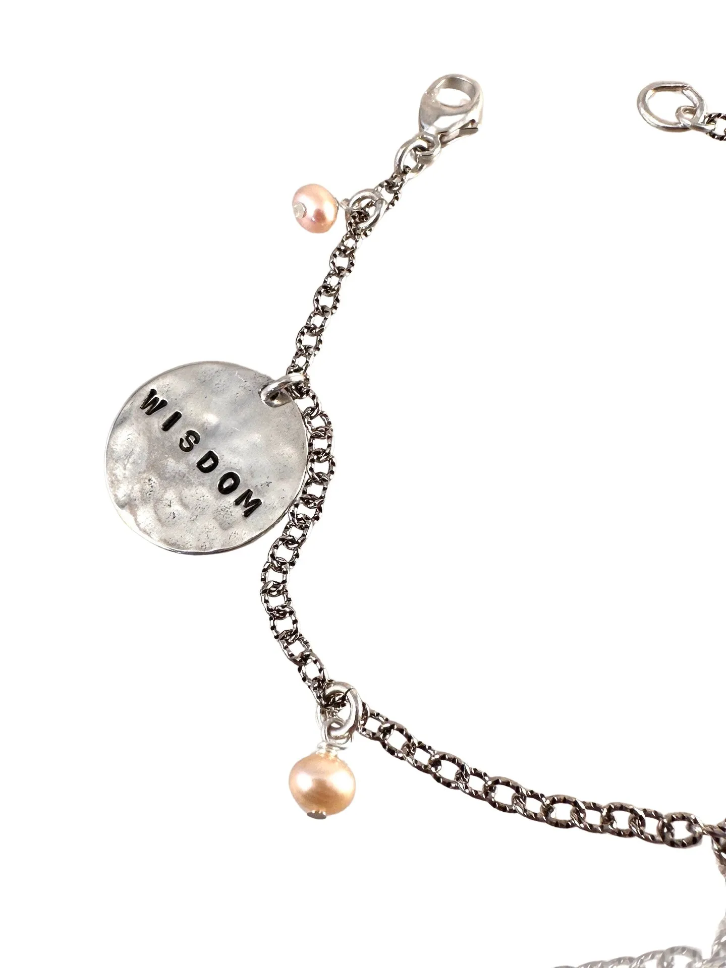 Sterling Silver Wisdom Courage Strength Pearl Charm Bracelet