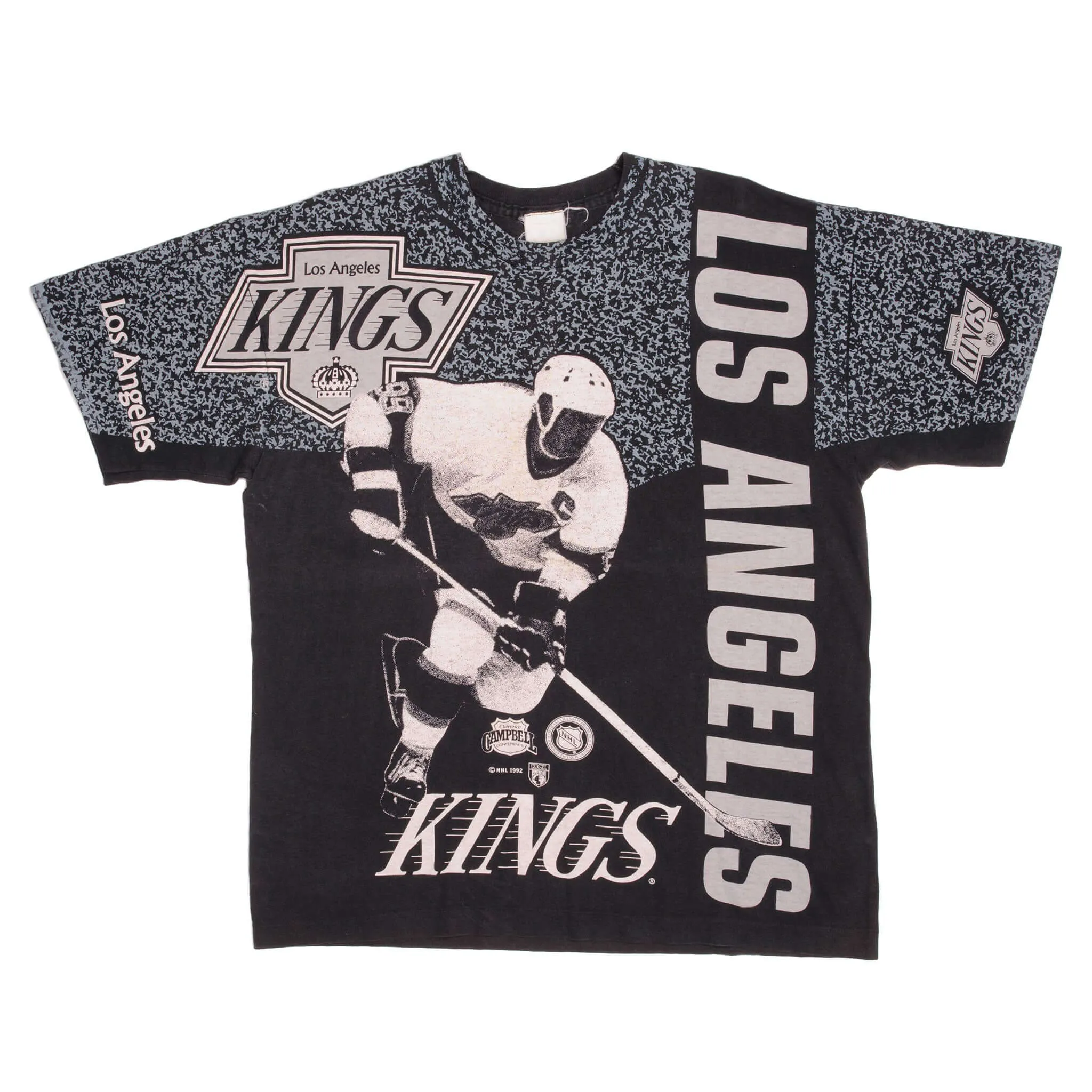 VINTAGE ALL OVER PRINT NHL LOS ANGELES KINGS TEE SHIRT 1992 SIZE XL MADE IN USA