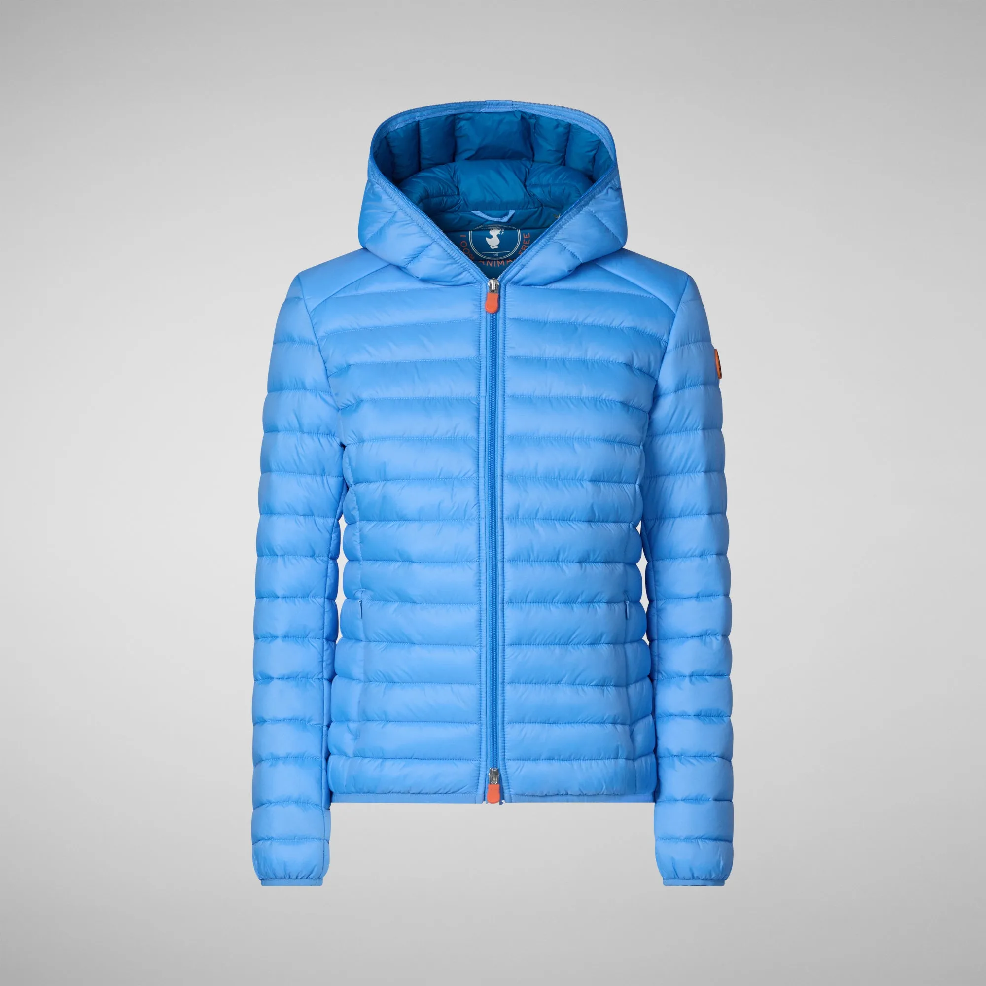 Woman's animal free hooded puffer jacket Daisy in cerulean blue