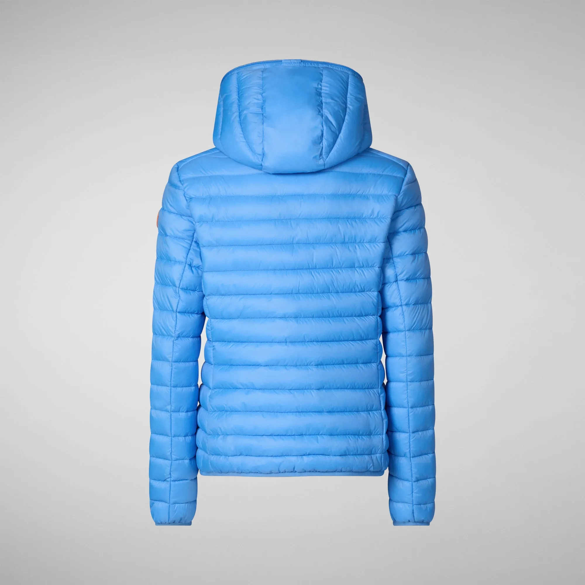 Woman's animal free hooded puffer jacket Daisy in cerulean blue